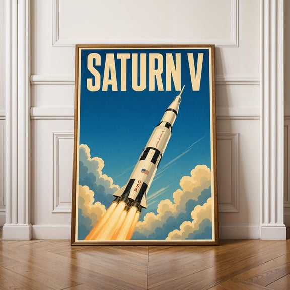 Saturn V Rocket Poster, Modern Vector Illustration, Blue Sky And Cream Tan, Flat Shading