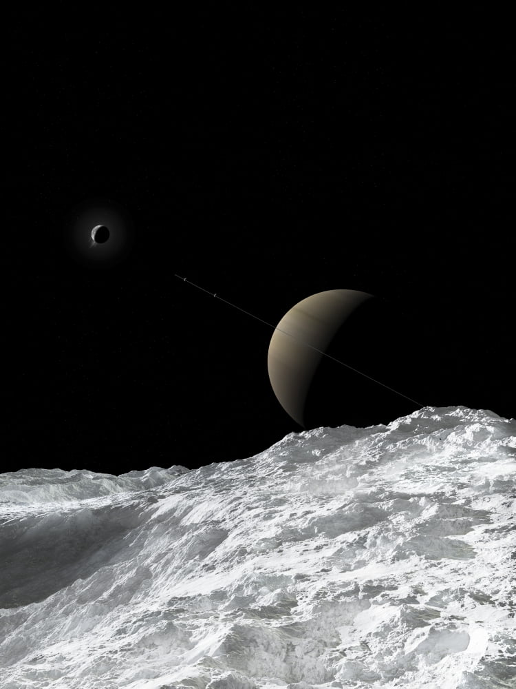 Saturn and Enceladus as seen from the moon Tethys Canvas Art - Fahad SulehriaStocktrek Images (25 x 33)