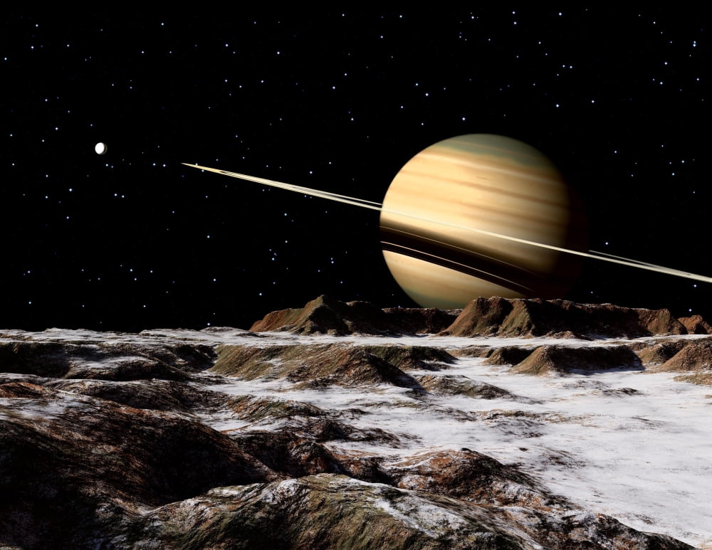 Saturn seen from the surface of its moon Rhea Canvas Art - Ron MillerStocktrek Images (16 x 13)