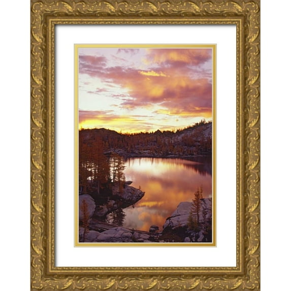 Satushek, Steve 18x24 Gold Ornate Wood Framed with Double Matting Museum Art Print Titled - WA, North Cascades Sunrise clouds on Rune Lake