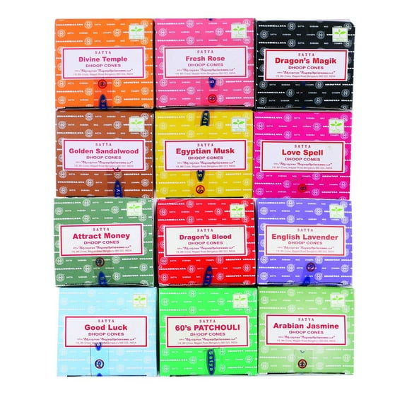 Satya Assorted 12 Pack Incense Cones Dhoop Variety Pack