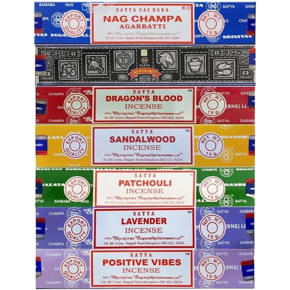 Satya Incense Sticks Gift Set - Nag Champa, Super hit, Dragon's Blood, Sandalwood, Patchouli, Lavender, Positive Vibes, 15 g