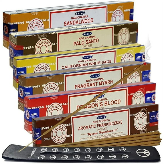 Satya Incense Sticks Variety Pack #10 And Holder Bundle With 6 Classic Fragrances Sandalwood Dragon's Blood Palo Santo White Sage Myrrh Frankinsence