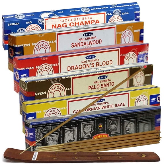 Satya Incense Sticks Variety Pack #3 And Incense Stick Holder Bundle With 6 Most Popular Fragrances