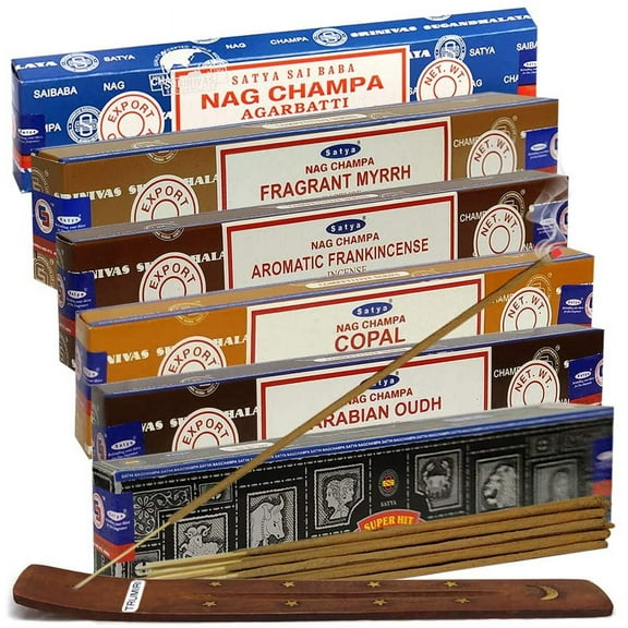 Satya Incense Sticks Variety Pack #4 and Incense Stick Holder Bundle with 6 Resin Based Fragrances
