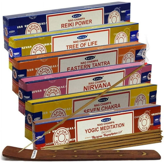 Satya Incense Sticks Variety Pack #6 and Incense Stick Holder Bundle with 6 Spiritual Fragrances