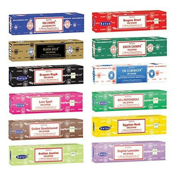 Satya Nag Champa 12 Packs 15grams Assorted Incense Sticks Variety, Non-Toxic Incense