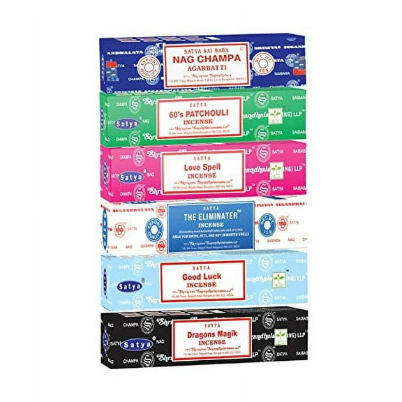 Satya Sai Baba Set of 6 Nag Champa Incense Scents by Original Variety Pack of 6 Aromatic Scents to Freshen Air, Purify, Cleanse (Relaxation Mix)