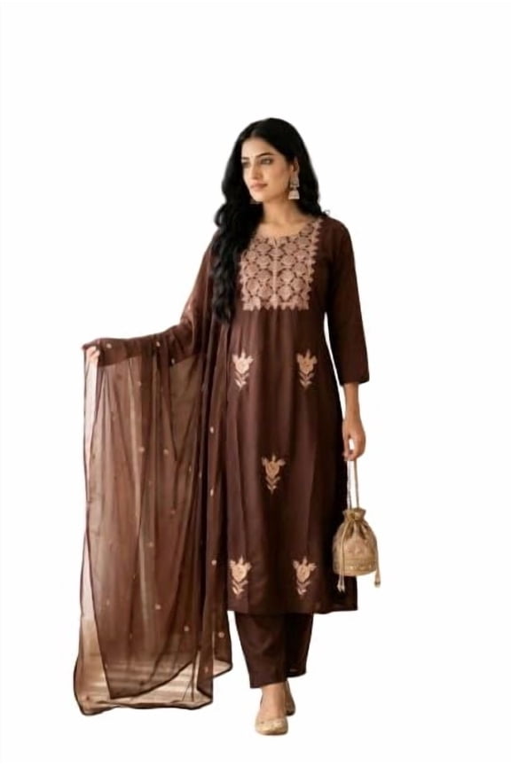 Satyam Creation Women's Brown Rayon Embroidered A-Line Kurti Pant & Scalloped Dupatta, XL(42)
