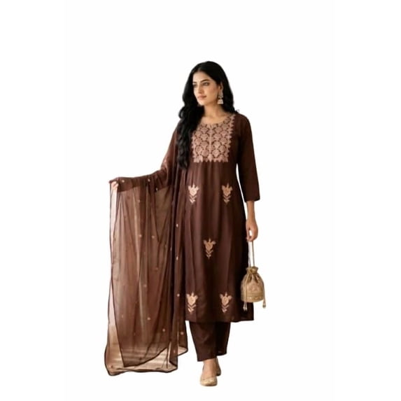 Satyam Creation Women's Brown Rayon Embroidered A-Line Kurti Pant & Scalloped Dupatta, XL(42)