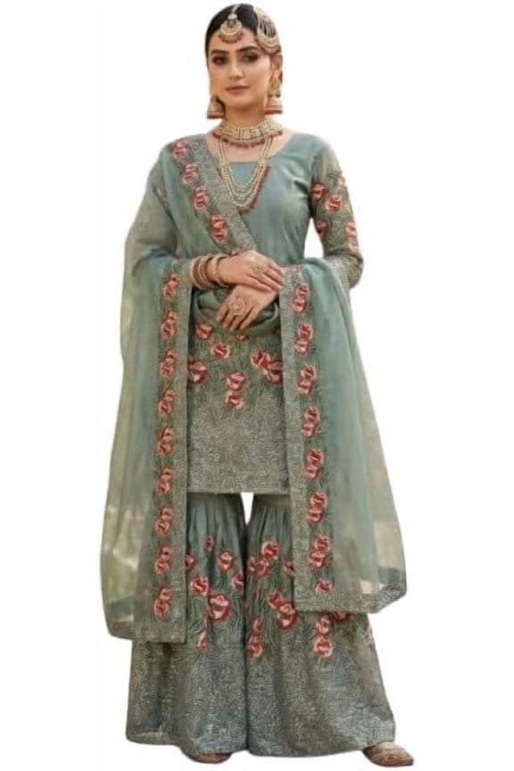 Women's Eid Special Sage Green Fendy Silk Heavy Embroidery Sequence Work Sharara Suit Set, Large(40)