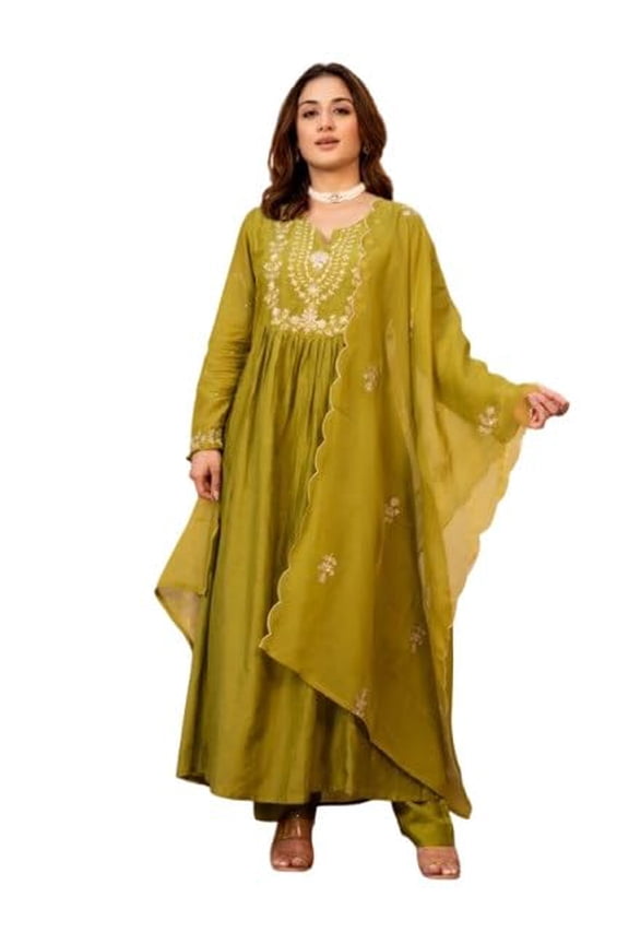 Satyam Creation Women’s Olive Green Embroidered Chanderi Silk Anarkali Frock Suit | Elegant Flared Kurta & Pant
