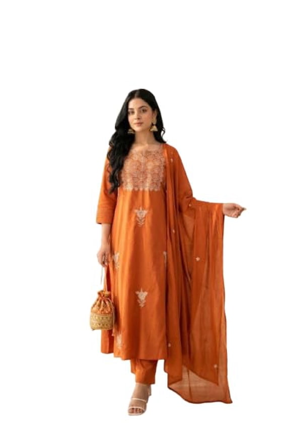 Satyam Creation Women's Rust Orange Heavy Rayon Kurta Pant Set with Floral Printed Dupatta, L(40)
