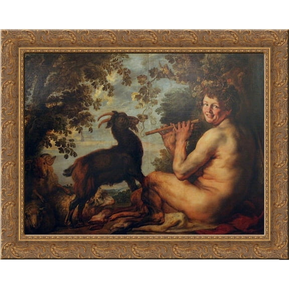 Satyr playing flute 24x20 Gold Ornate Wood Framed Canvas Art by Jacob Jordaens