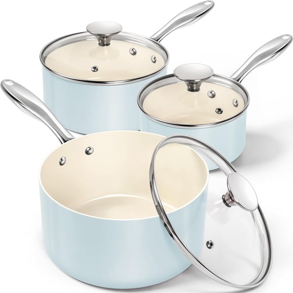 Sauce Pan with Lid Non Stick Saucepan Set of 3-1Qt & 2Qt & 3Qt Small Pots for Cooking Ceramic Saucepan - Non-Toxic Scratch-Resistant Oven Safe Light Blue