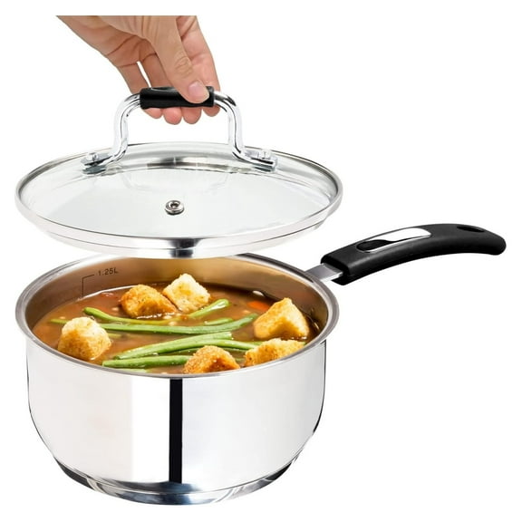 Sauce Pan, Stainless Steel 2.4 Quart Sauce Pan with Clear Glass Lid and Permanent Measurement Markings, Small Boiling Pot, Induction, Gas Electric Compatible