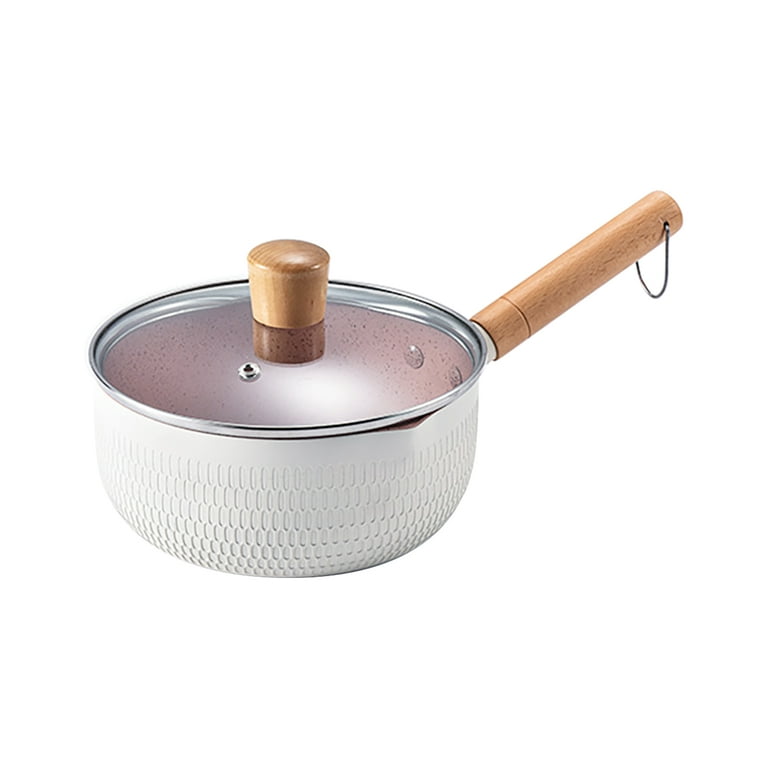 Sauce Pan with Glass Lid Wooden Handle Nonstick Aluminum Small Pot Noodles Pot for Egg Cooking Food Dual Pour Spout, Size: Large, White