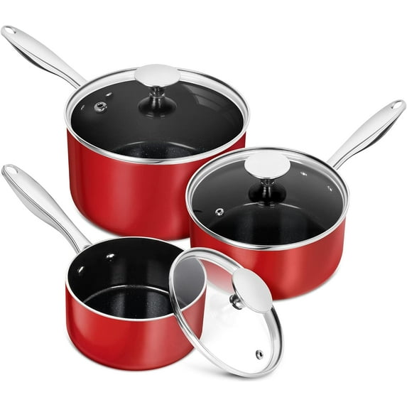 Sauce Pan with Lid, 1Qt & 2Qt & 3Qt Sauce Pan Set, Ceramic Saucepans with Lids, Copper Small Pots, Nonstick Saucepan Set, Oven Safe