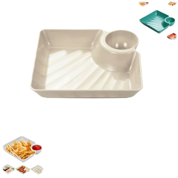 Sauce Separated Plate, 2-in-1 Dumpling Dish with Built-In Dipping Compartment, Wheat Straw Plastic Appetizer Tray# White