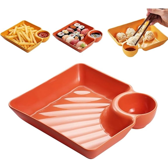 Sauce Separated Plate with Built-In Dipping Compartment – 2-in-1 Multi-Section Serving Dish Ideal for Appetizers, Sushi, Dumplings, Chips, Fried Chicken and Various Snacks Orange