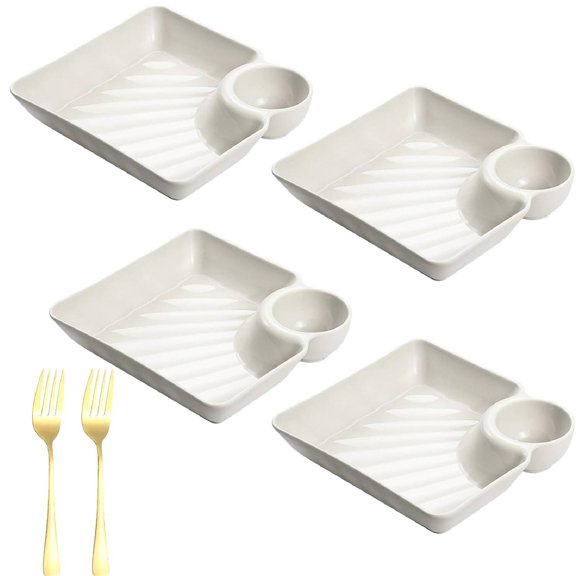 Sauce Separated Plate, Chips and Salsa Serving Dish Plates, Veggie Platter Dipping Serving Trays, Simple Square Design, Easy to Clean, For Sushi, Chips, Fried Chicken Nuggets(White*4)