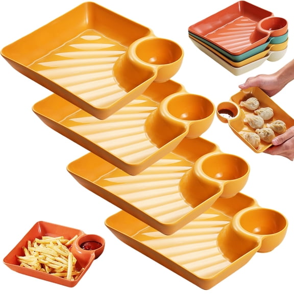 Sauce Separated Plate, Plastic Dumpling Platter Set with Dipping Sauce Compartment, Divided Serving Dish for Appetizer, Sushi, Taco Salsa, Veggie, Charcuterie, Snack