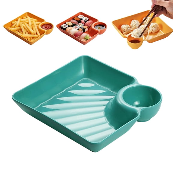 Sauce Separated Plate, Plastic Dumpling Platter Set with Dipping Sauce Compartment, Divided Serving Dish for Appetizer, Sushi, Taco Salsa, Veggie, Charcuterie, Snack