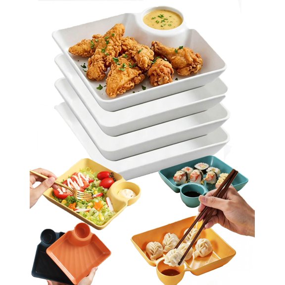 Sauce Separated Plate, Square Divided Serving Tray with Dipping Saucer for Dumplings, Chips & Salsa, Reusable Plastic Platter for Sushi, Snacks & Parties