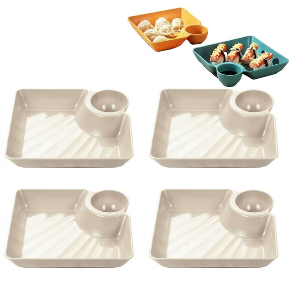 Sauce Separated Plate, Square Plastic Snack Plates Set of 4, Plastic Dumpling Platter Set, Reusable Chip and Dip Serving Dish for Dumplings, Tacos, Appetizers, Fruit & Charcuterie