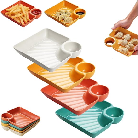 Sauce Separator Plate, Japanese-Style Dumpling Plate with Dipping Sauce Well, Ideal for Chips, Snacks, and Appetizers