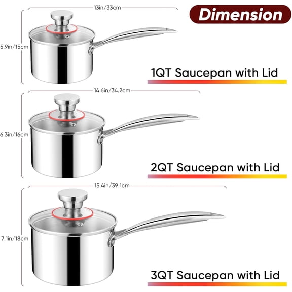 Saucepan Set of 6, 1QT & 2QT & 3QT 18/10 Stainless Steel Sauce Pans with Lids, Nonstick Tri-Ply Bottom Induction Compatible Small Cooking Pot kitchen Cookware Set, Dishwasher & Oven Safe