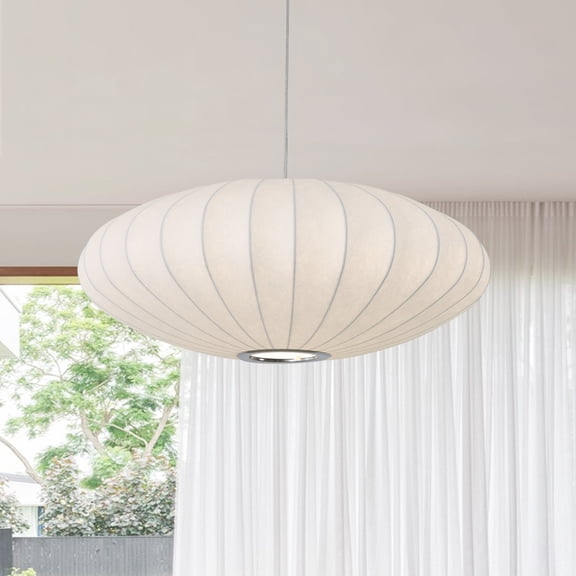 Saucer 1-Light White Silk Shade Pendant Light for Dining Room Bedroom Kitchen, Dia 23.6"