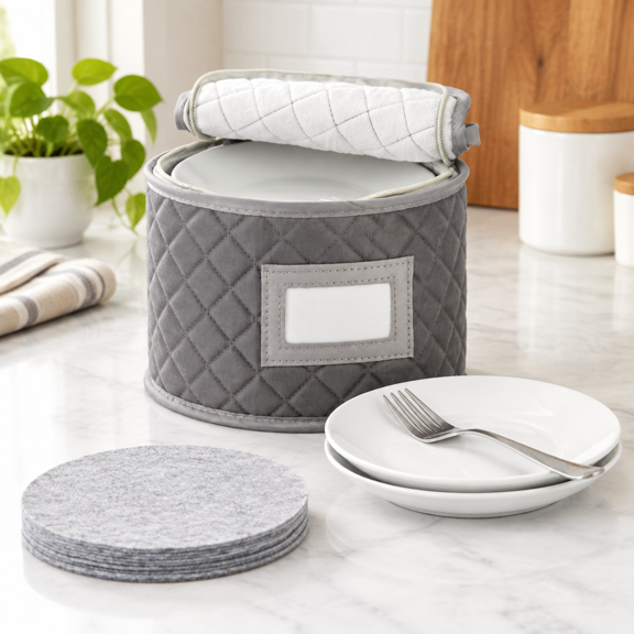 Saucer Case - 7" diameter x 6" height Quilted Tableware Storage Chest with 12 Felt Separators