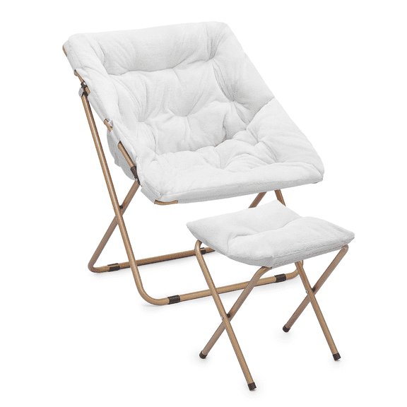 Saucer Chair and Folding Footrest Stool Set, Soft Faux Fur Oversized Folding Accent Chair, Metal Frame Moon Chair for Bedroom Living Room, White
