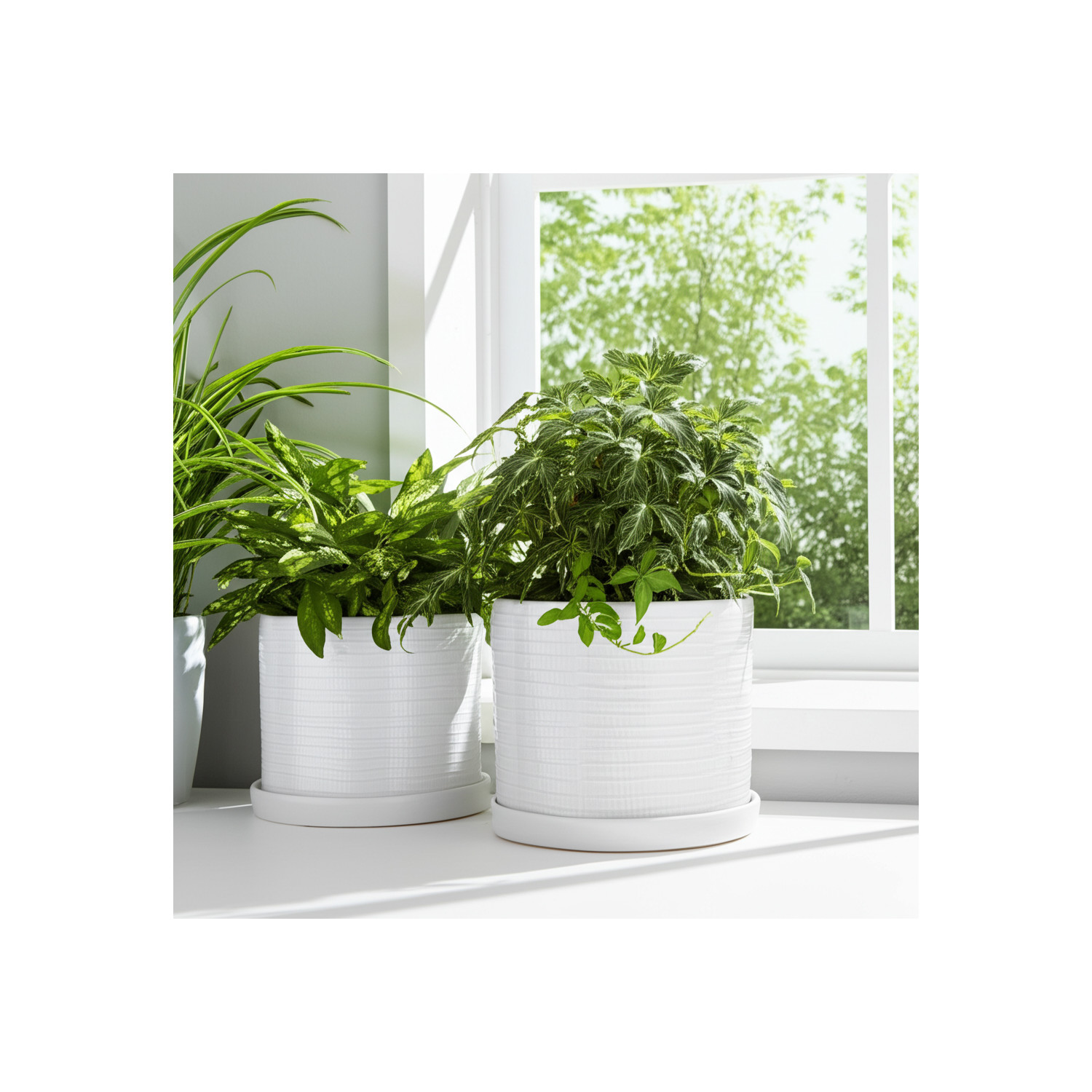 Ribbed Accent Garden Saucer Planters for Home Decor - Ceramic Indoor and Outdoor Flower Pots with Textured Design - Garden Display with Drainage for Home and Patio Styling - Set of 2, 10", 9", White