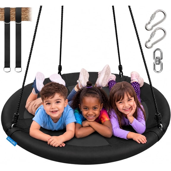 Saucer Swing, Tree Swing, 40 Inch, 900lb Heavy Duty Capacity for Kids, 900D Oxford Waterproof Seat, Adjustable Height Ropes, 2 Strap Tree Hang Kit, Center Swivel Spinner, Black