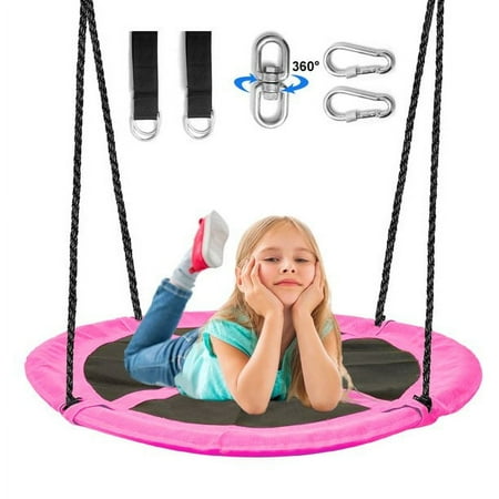 Saucer Tree Swing for Kids, 43" Waterproof Flying Saucer Swing with A Swivel, Hanging Straps, Adjustable Ropes, Galvanized steel frame, padded with foam, Easy to Install Round Mat Spinner Swing, Pink