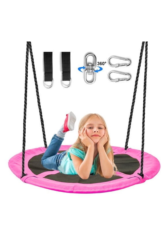 Saucer Tree Swing for Kids, 43" Waterproof Flying Saucer Swing with A Swivel, Hanging Straps, Adjustable Ropes,  Galvanized steel frame, padded with foam, Easy to Install Round Mat Spinner Swing, Pink