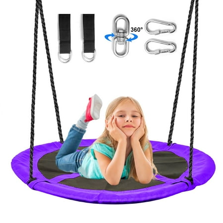 Saucer Tree Swing for Kids, 43" Waterproof Flying Saucer Swing with A Swivel, Hanging Straps, Adjustable Ropes, Galvanized steel frame, padded with foam, Easy to Install Round Mat Spinner Swi, Purple