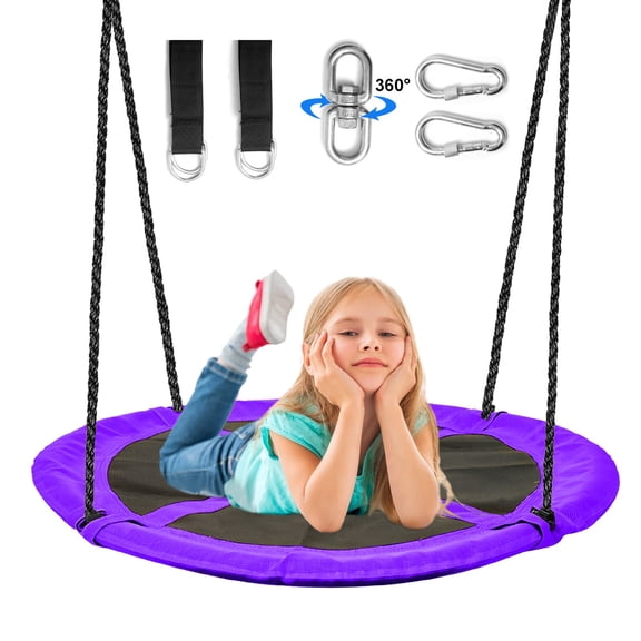 Saucer Tree Swing for Kids, 43" Waterproof Flying Saucer Swing with A Swivel, Hanging Straps, Adjustable Ropes, Galvanized steel frame, padded with foam, Easy to Install Round Mat Spinner Swi, Purple