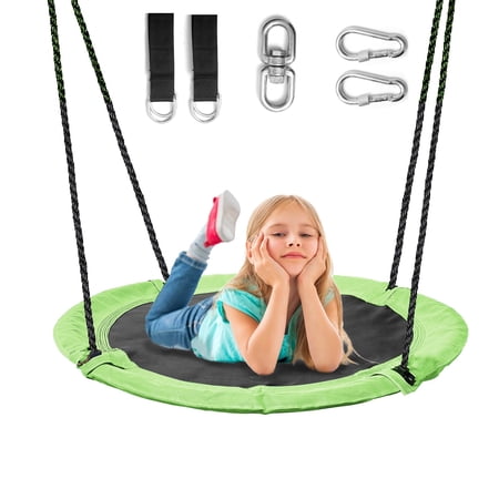 Saucer Tree Swing for Kids, 43" Waterproof Flying Saucer Swing with A Swivel, Hanging Straps, Adjustable Ropes, Galvanized steel frame, padded with foam, Easy to Install Round Mat Spinner Swing Green