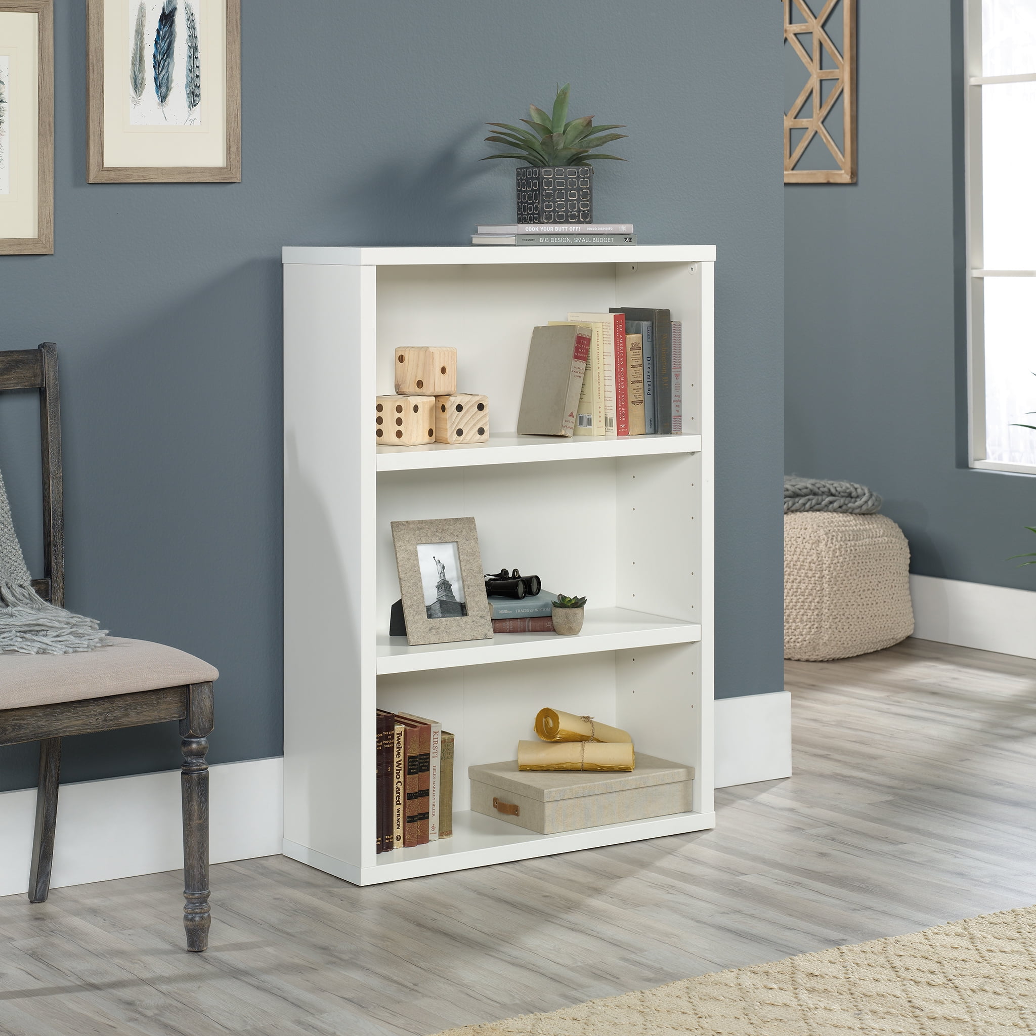 Soft White Adjustable 3-Shelf Display Bookcase with Cubes