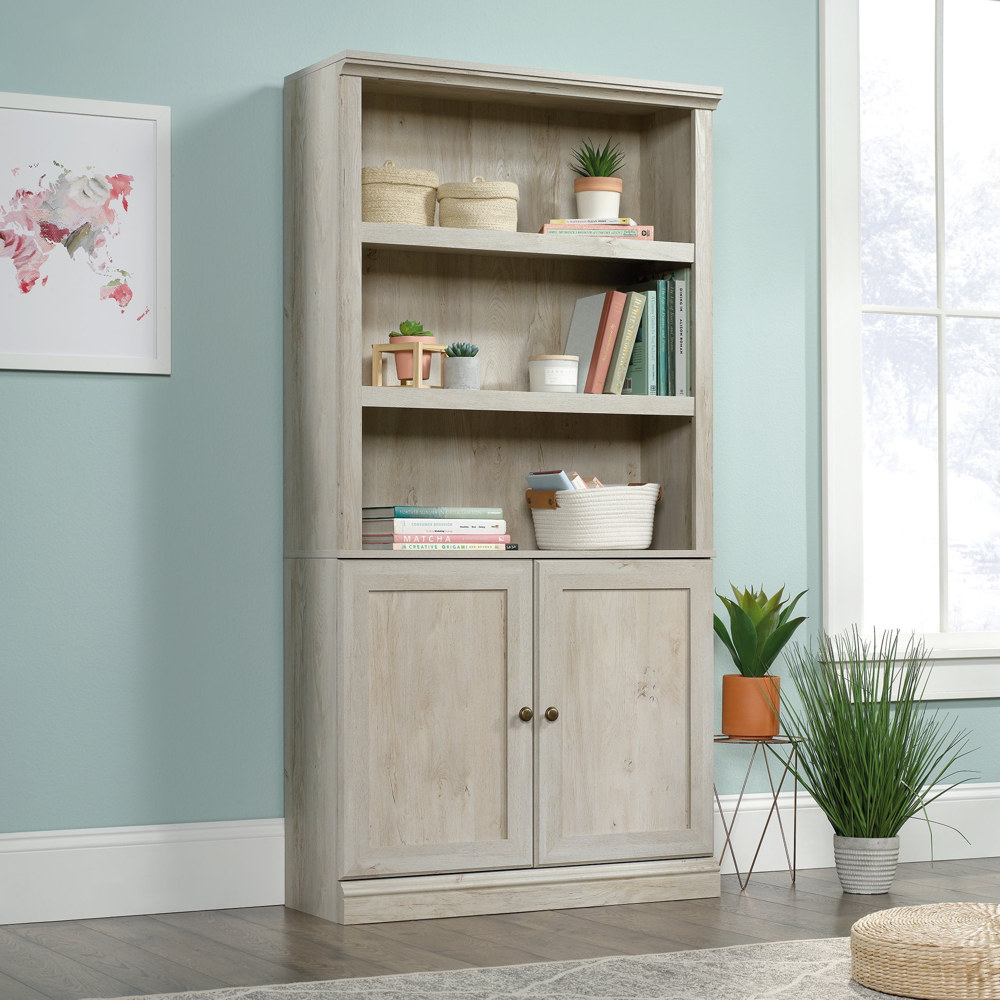 Sauder 5 Shelf Storage Bookshelf with 2 Doors Chalked Chestnut Finish Walmart