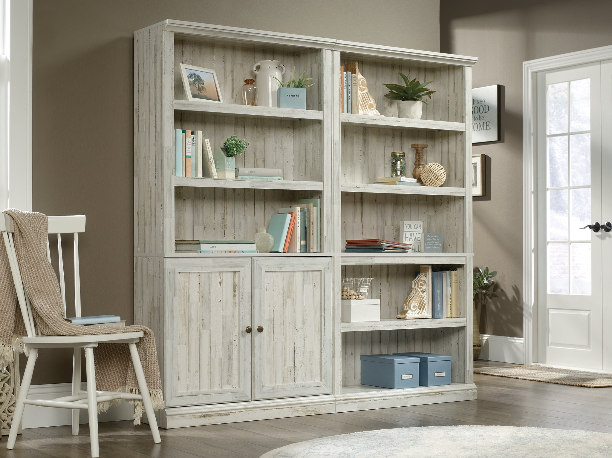 Adjustable White Plank 3-Shelf Bookcase with Doors