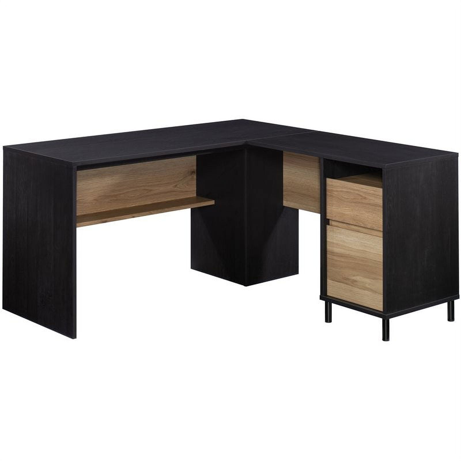 Mid-Century Modern Brown Wood Corner Desk with Drawers & Filing Cabinet