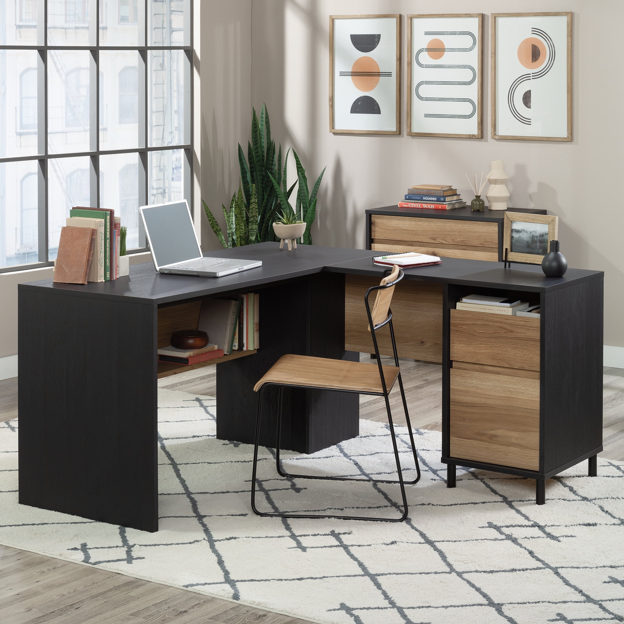 Mid-Century Modern Brown Wood Corner Desk with Drawers & Filing Cabinet