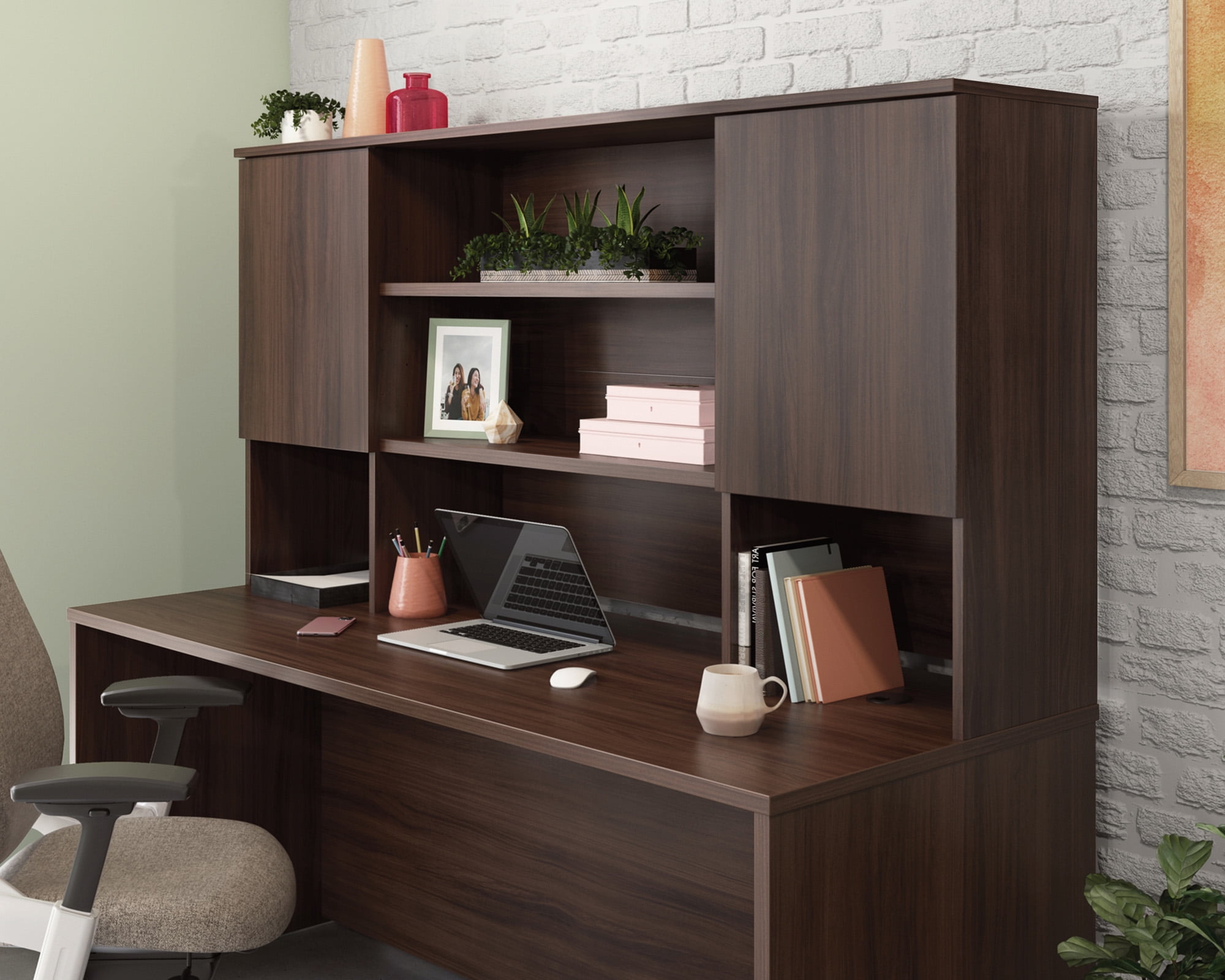 Noble Elm Brown Engineered Wood 72" Storage Hutch with Adjustable Shelves