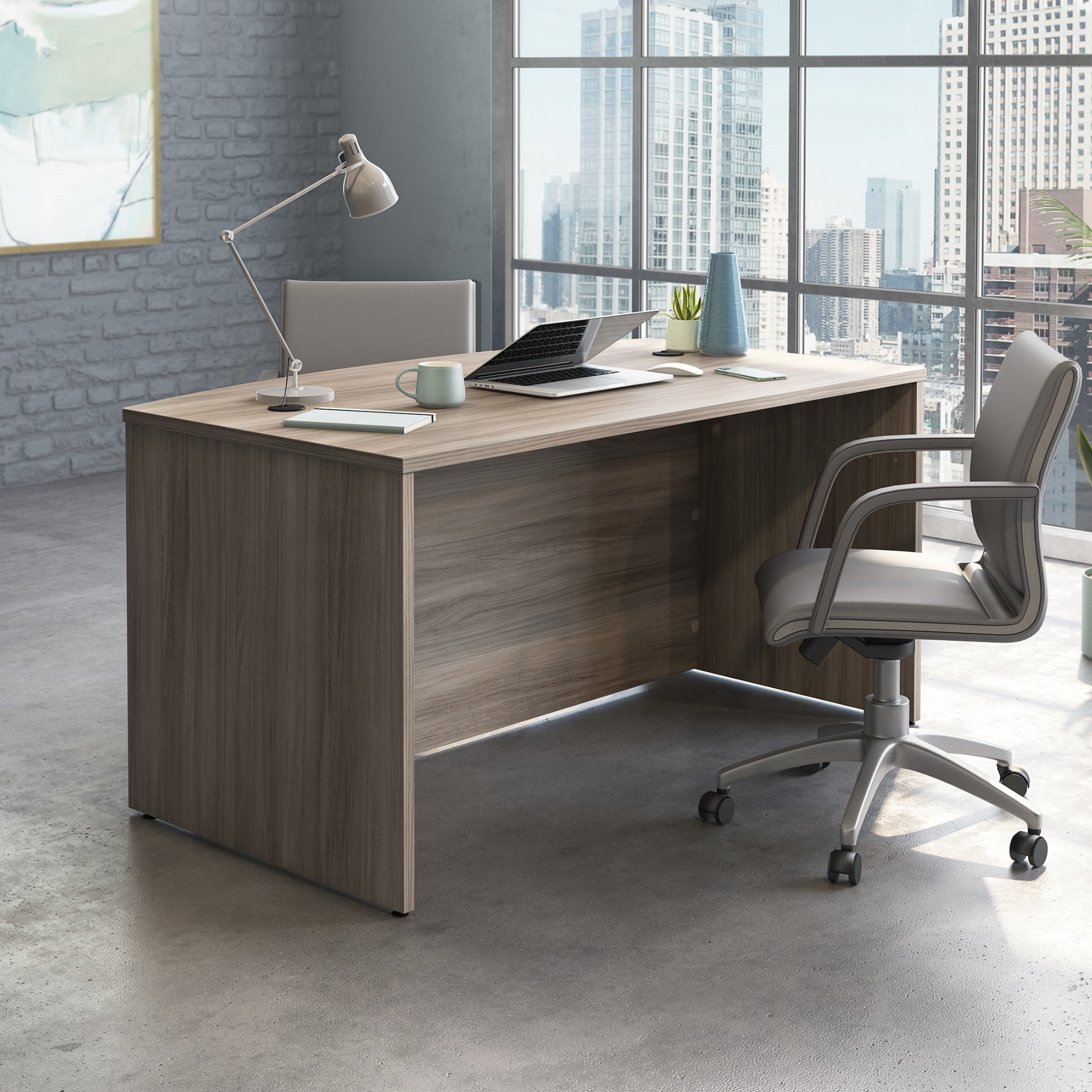 Sauder Affirm Engineered Wood Bowfront Executive Desk in Hudson Elm/Brown