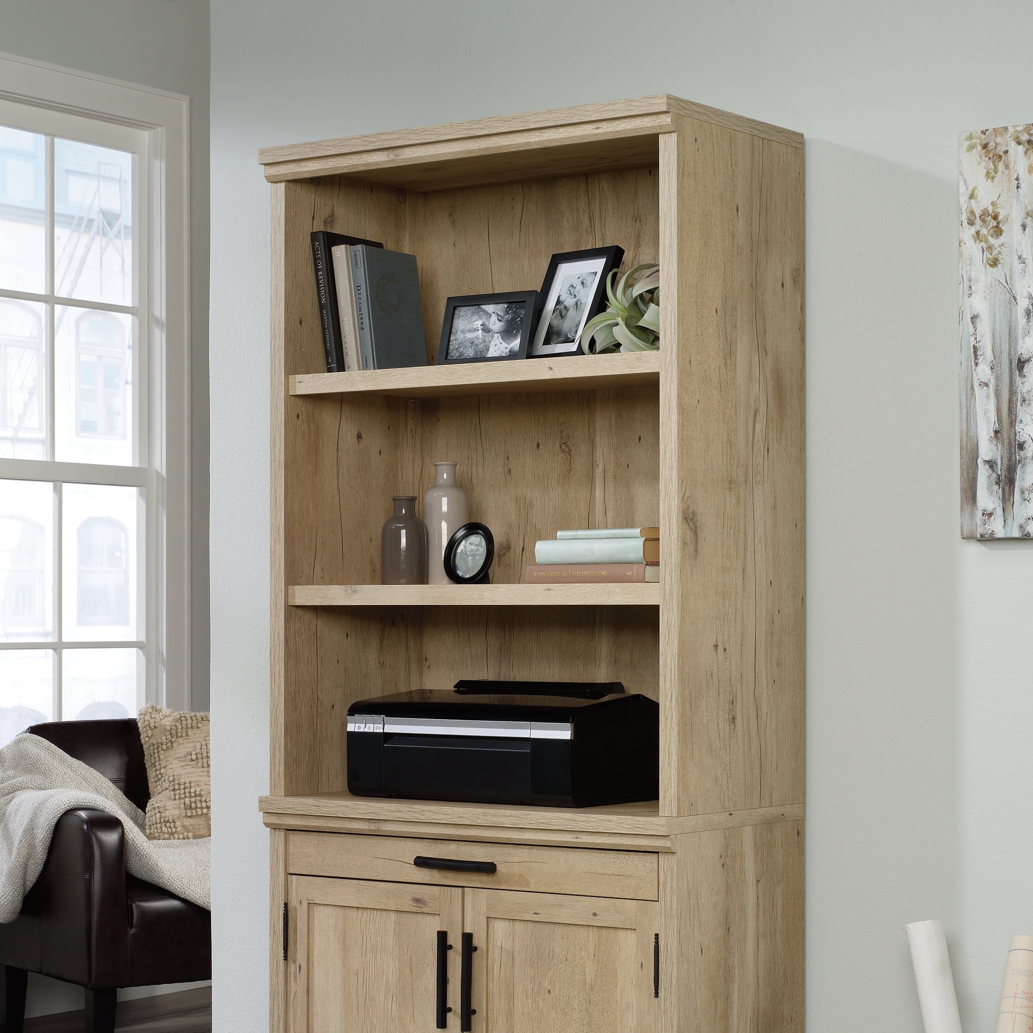Prime Oak Adjustable 2-Shelf Library Hutch with Doors