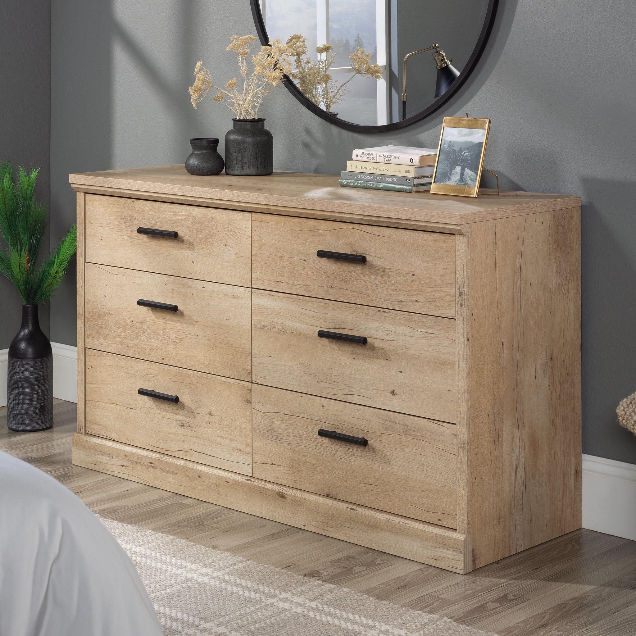 Prime Oak Double Dresser with Black Hardware and Deep Drawers